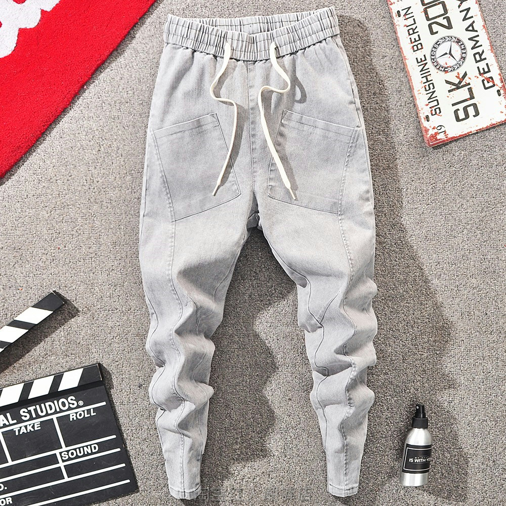 春夏男士薄款牛仔裤净面修身弹力休闲裤网红同款韩版小束脚哈伦裤