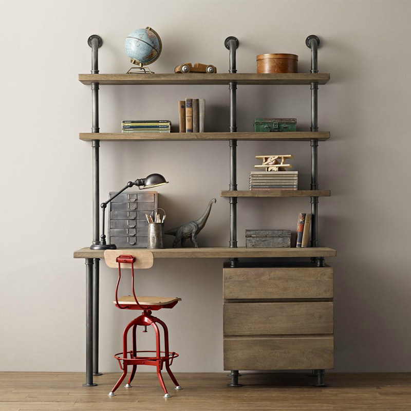loft复古书桌书架组合创意墙上展示架做旧铁艺书桌