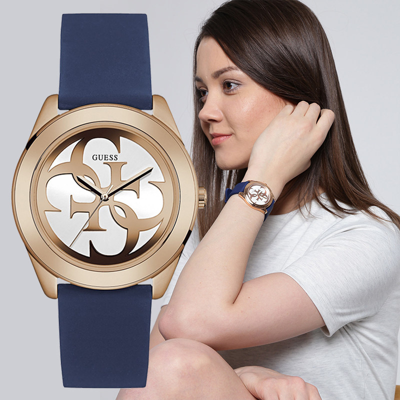 guess手表 美国代购w0911l6海军蓝硅胶带金色表壳石英女