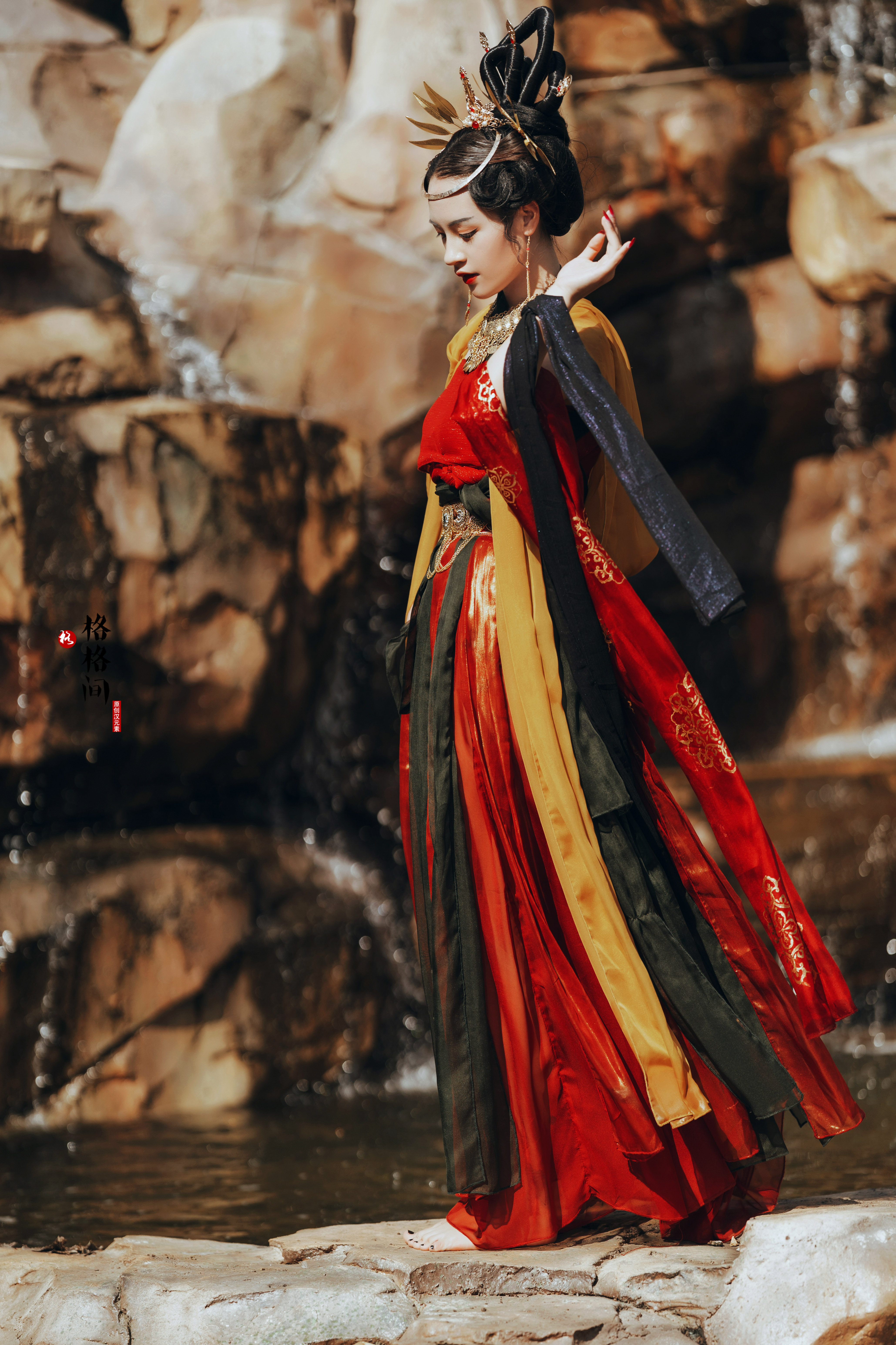 格格间原创汉服披帛红绿敦煌飞天百搭古风壁画引路菩萨烫金