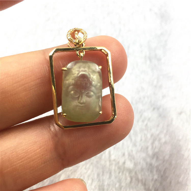翡翠简安定制18k金镶冰佛头正品挂件颈饰