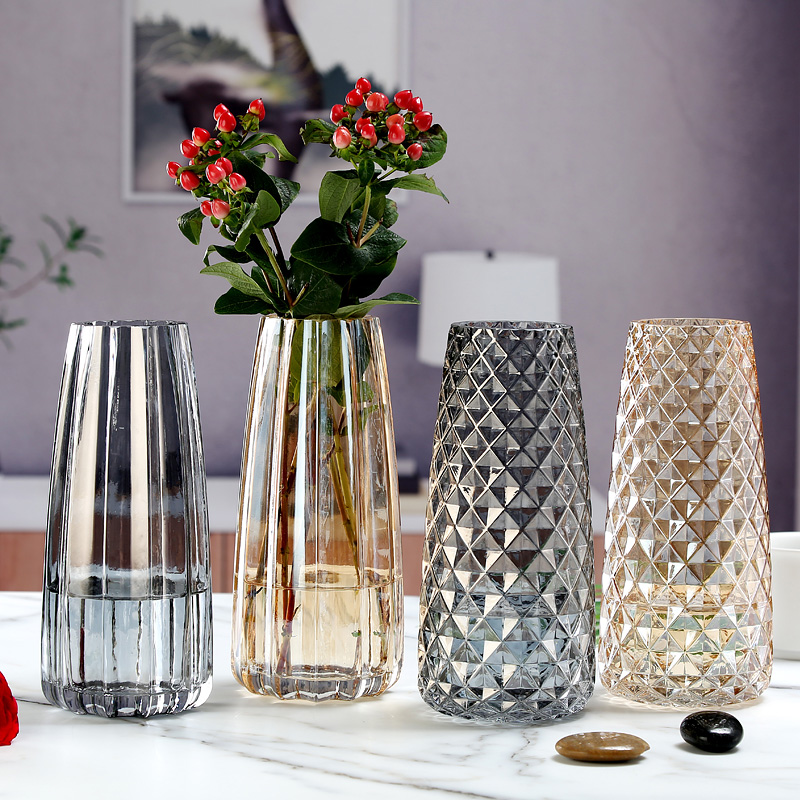 北欧简约七彩轻奢玻璃花瓶摆件透明明水插花花瓶
