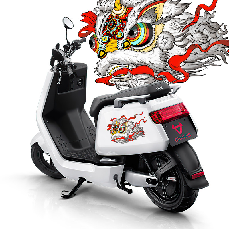 国潮醒狮车贴中国风狮子车身贴招财招福反光划痕贴纸电动车装饰贴-mc