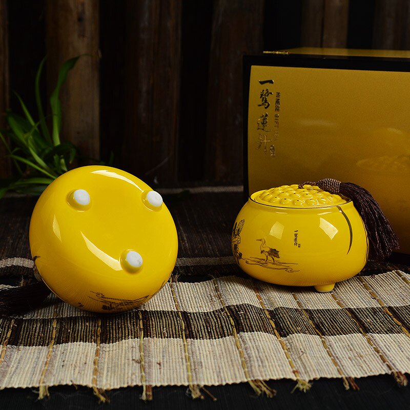 黄色小号双罐一鹭莲升茶叶罐木盒套装原版茶叶茶叶罐