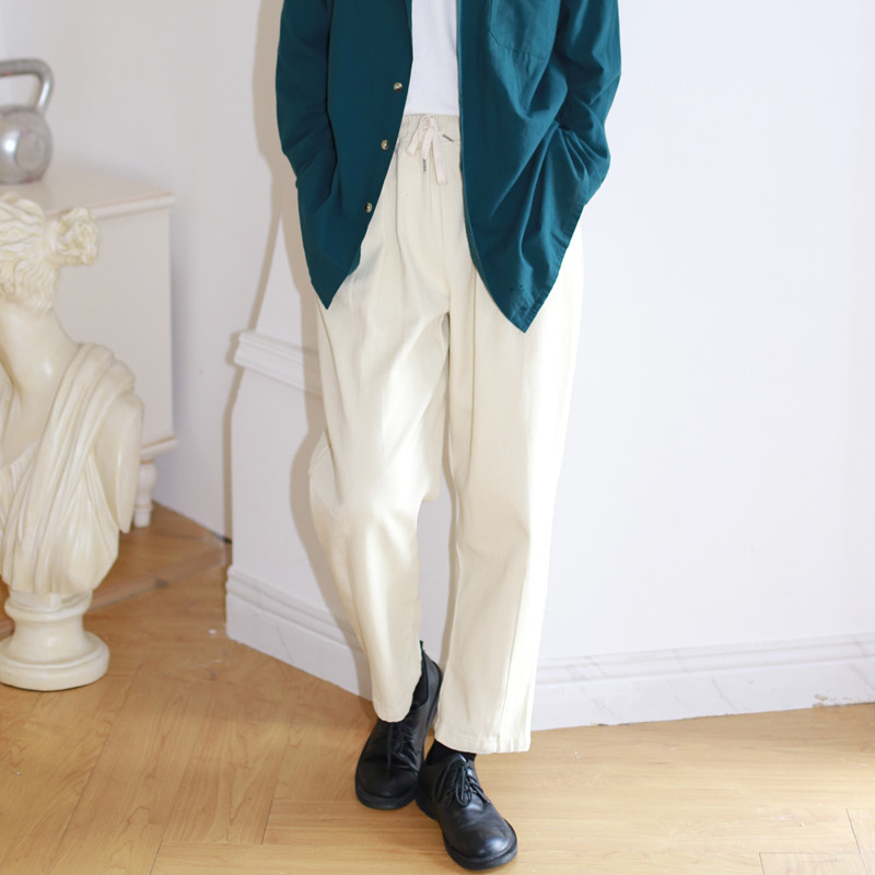 何记港风/廓形格调宽松阔腿裤 纯色直筒九分日系休闲裤男