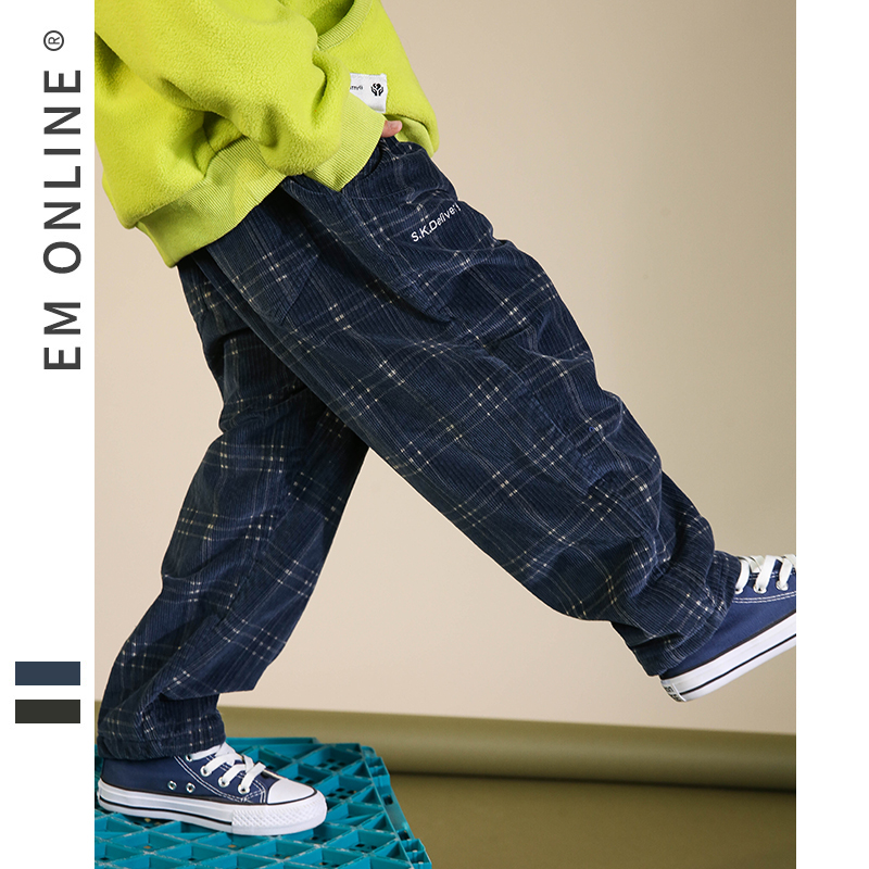 EM童装 男童灯芯绒长裤加绒款2021秋冬儿童直筒灯芯绒裤子 中大童