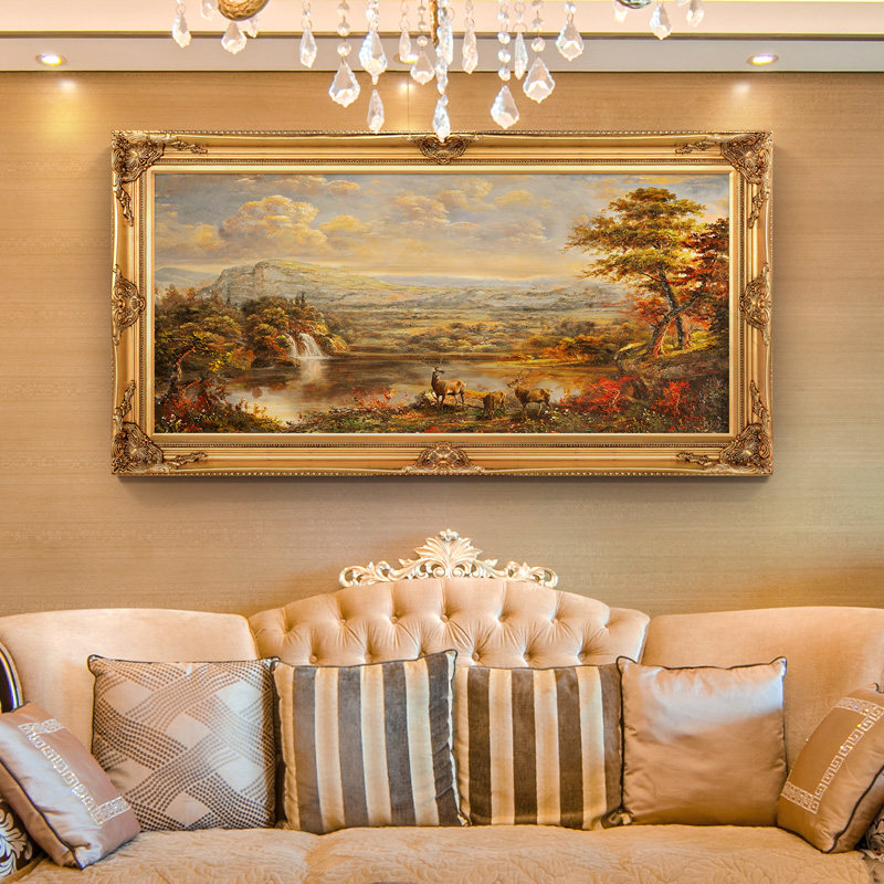 欧式手绘油画福禄聚宝盆风景美式别墅客厅沙发油画