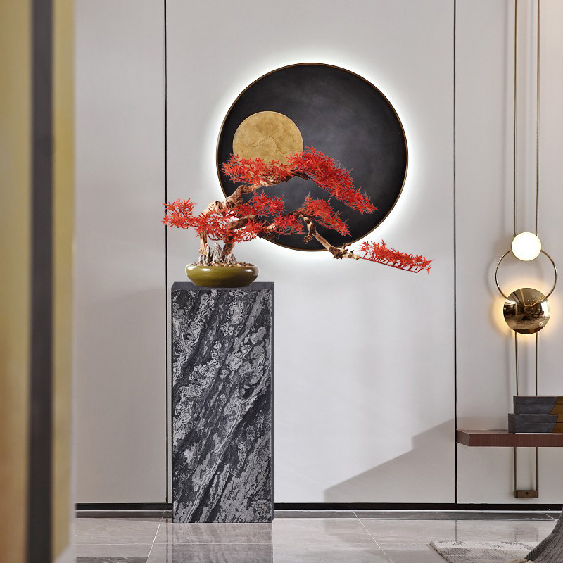 新中式客厅装饰茶室摆设松树端景台花架盆景枫叶仿真植物盆景