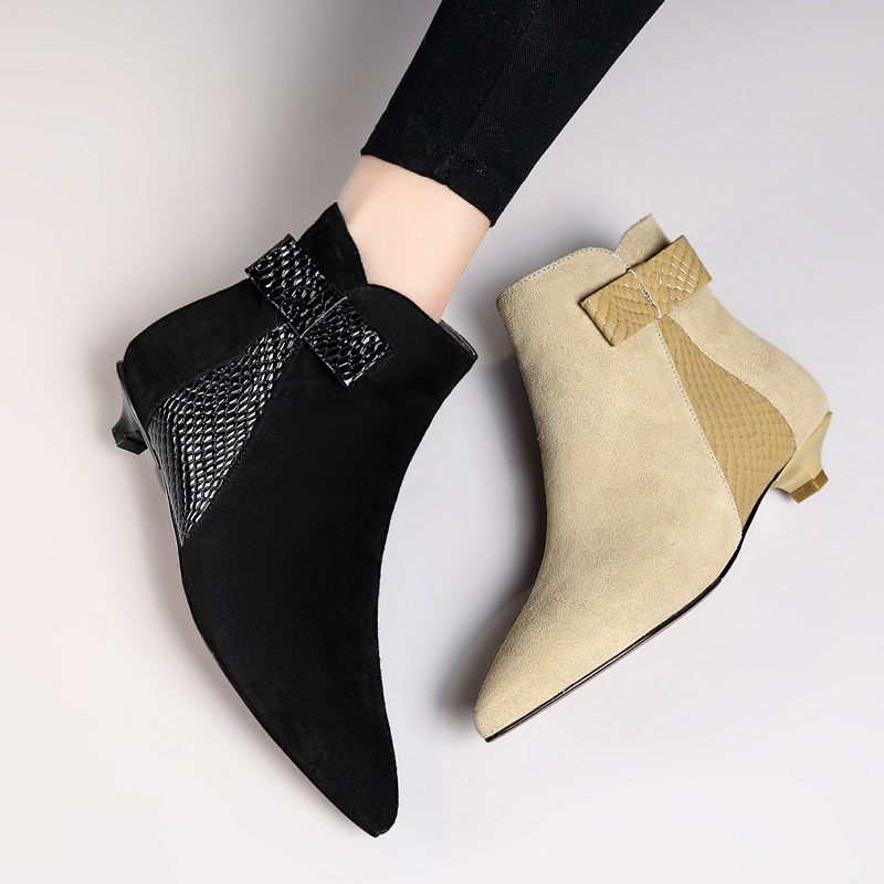 2cm公分小跟鞋猫跟女士短靴细跟尖头绒面单靴磨砂短筒韩版靴子女
