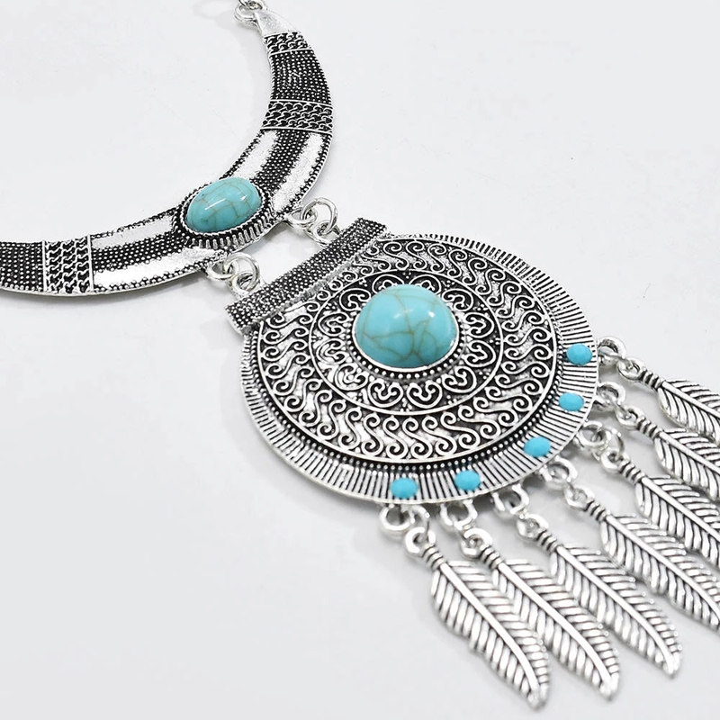 民族风项链波西米亚配饰流苏金属钱币合金绿松松石项链