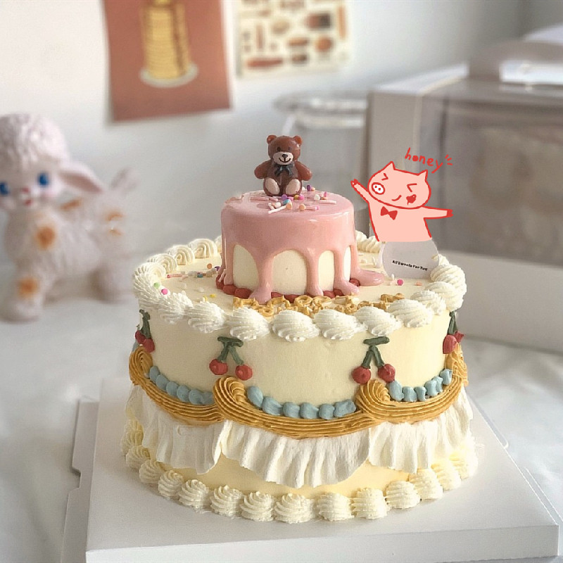 小红书ins网红同款雾霾蓝复古小熊动物奶油生日蛋糕南昌同城配送
