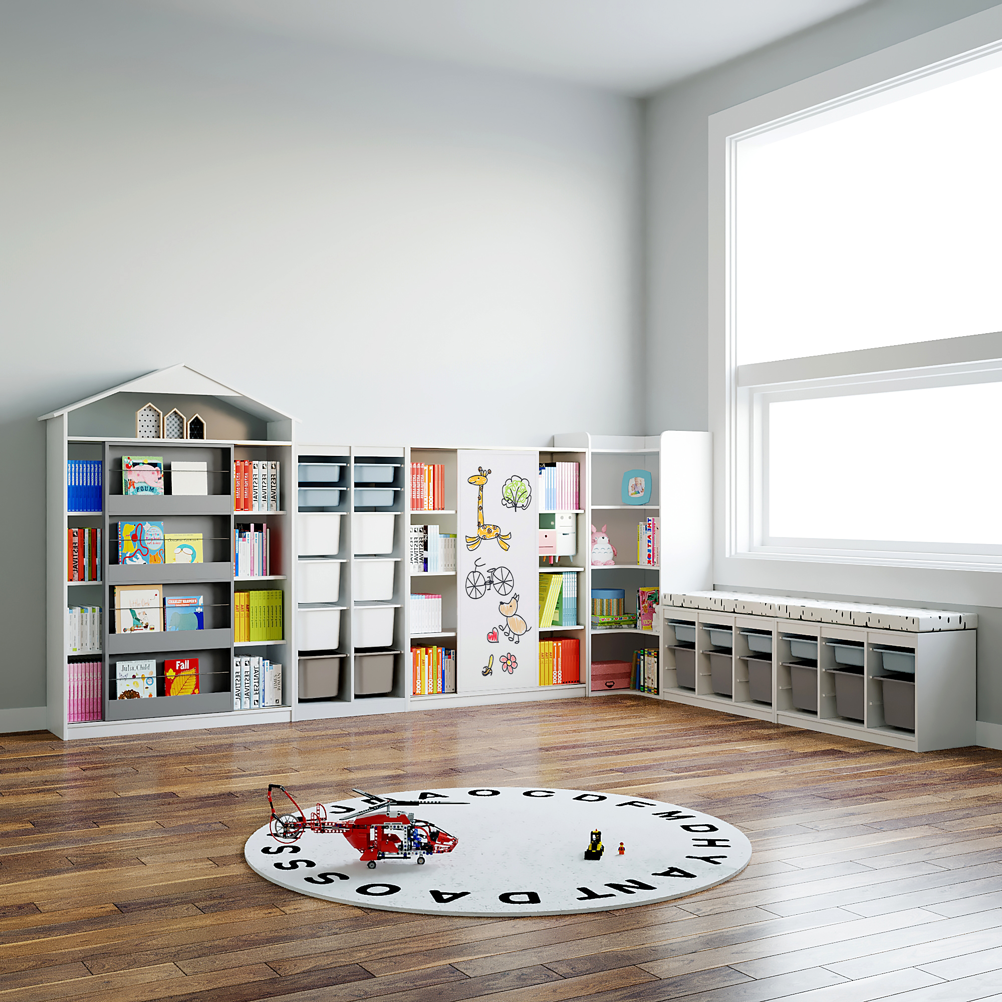 可比熊实木儿童儿童书书架绘本推拉门书柜落地置物架书架