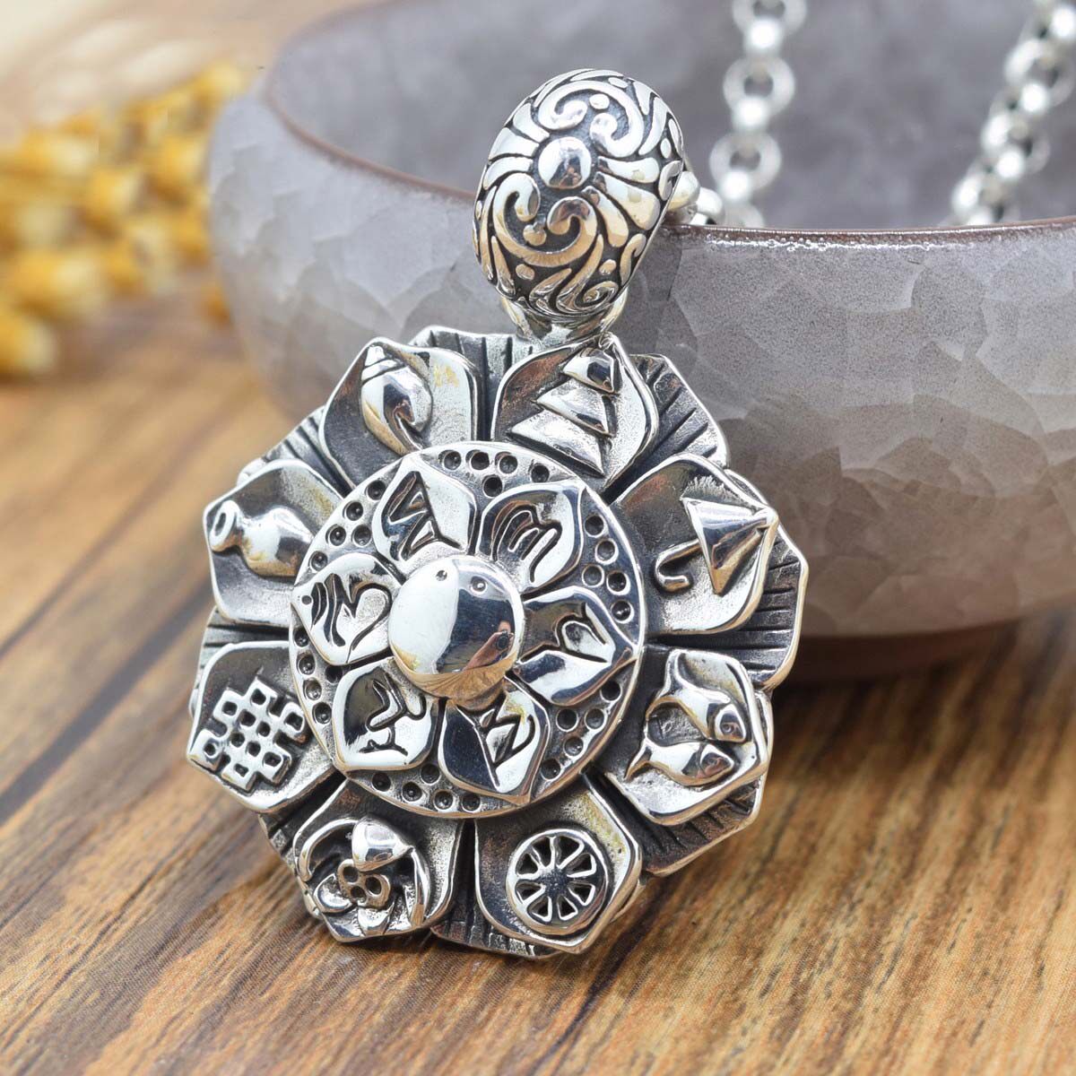 s925毛衣转动项坠八宝佛家复古纯银男女吊坠项坠