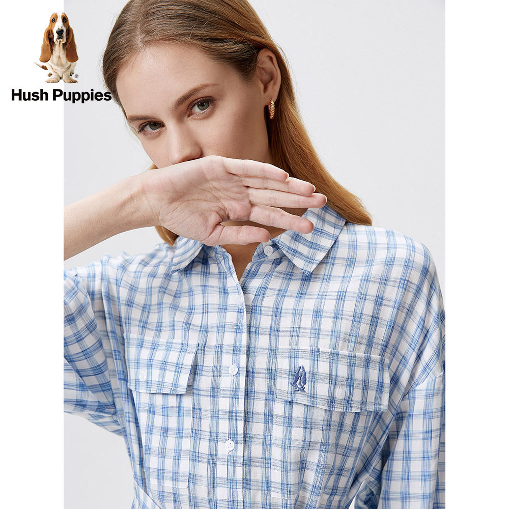 hushpuppies暇步士女装2021新长袖格子宽松长款连衣裙hz21358d