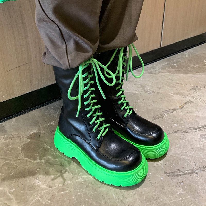 真皮厚底短靴松糕ins中筒系带绿底bv秋冬时装靴