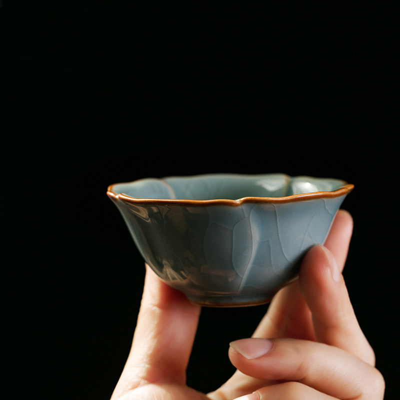 恒福茶具手工冰裂纹主人杯陶瓷单杯功夫茶杯个人品茗杯哥窑葵口杯