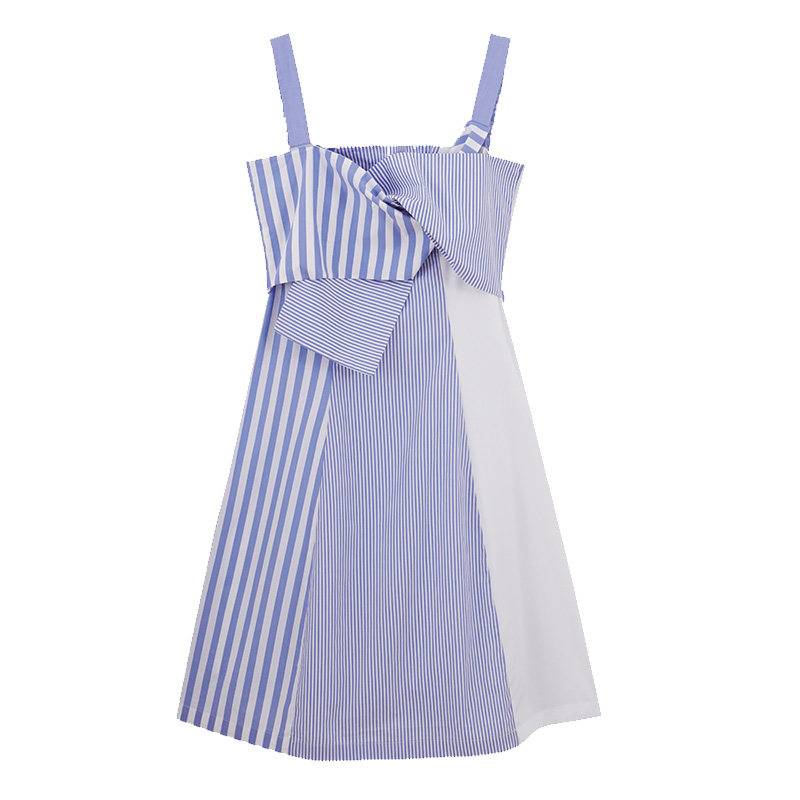 howl连衣裙女2019新款夏装设计师原创品牌蓝白条纹收腰蝴蝶结裙子