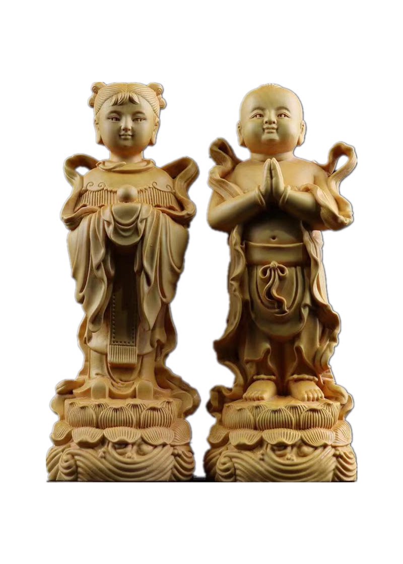 崖柏黄杨木杨木雕刻招财童男童女善财童子金童玉女摆件木雕