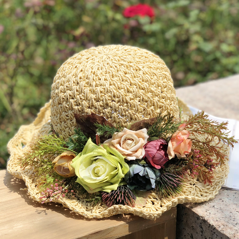 手工花朵编织草帽夏天小清新文艺出游度假拍昭帽子