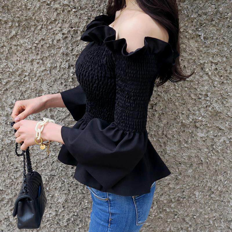ins上衣喇叭袖漏肩一字肩上衣裙摆小衫收腰衬衫女潮黑色显瘦衬衣