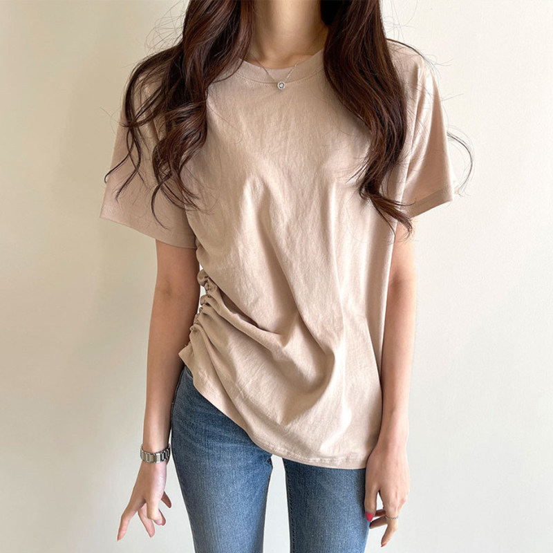 韩国腰显上衣短袖纯色感收chic褶皱侧边圆领t恤