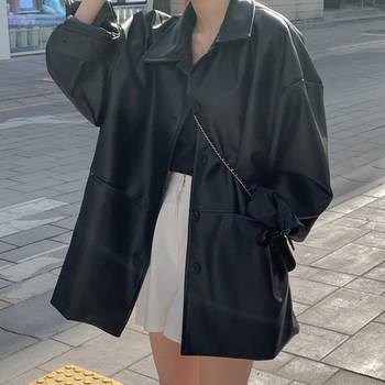 Korean chic summer niche handsome lapel single-breasted loose casual versatile ຫນັງ PU ແຂນຍາວ jacket ຫນັງສໍາລັບແມ່ຍິງ