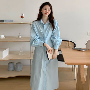Korean chic spring niche design lapel twist single-breasted loose-sleeved shirt dress for women