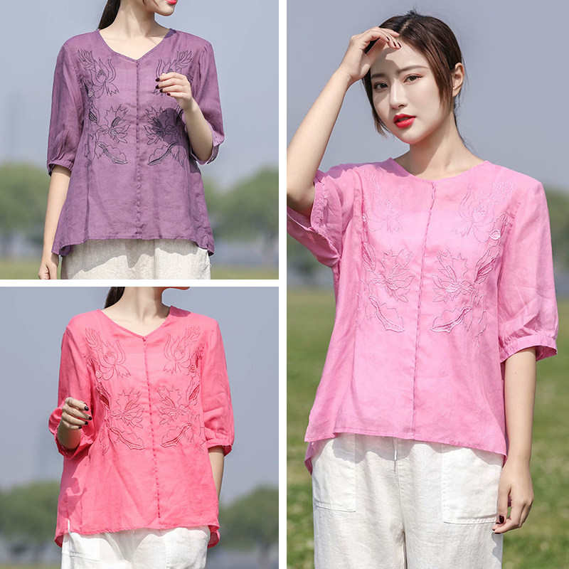 苎麻新款宽松粉色刺绣民族风夏季灯笼上衣短袖t恤