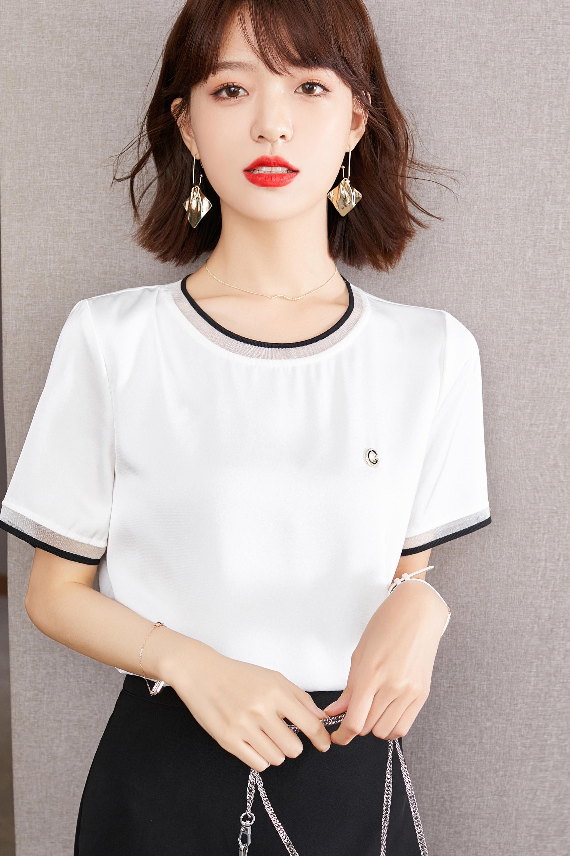 外贸宽松洋气缎面醋酸肚子短袖工厂上衣真丝t恤