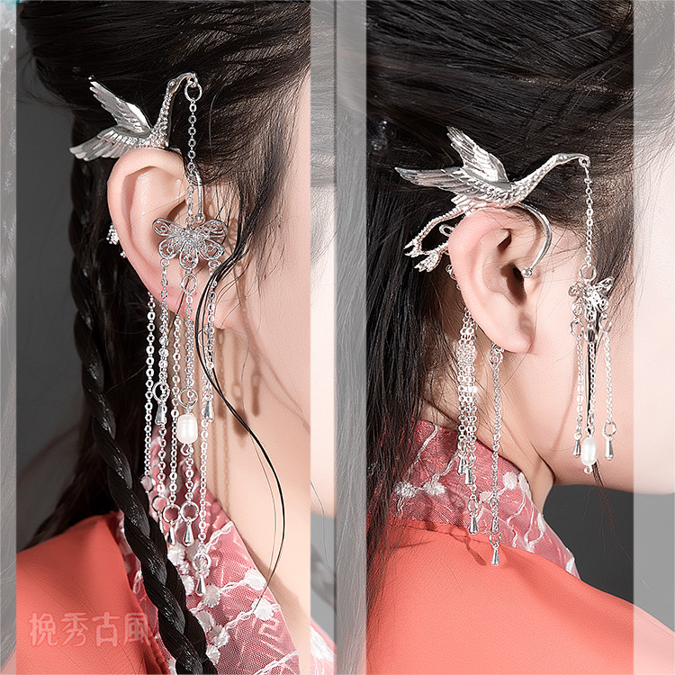 挽秀原创挂耳金银仙鹤梅花花枝流苏步摇耳挂耳环