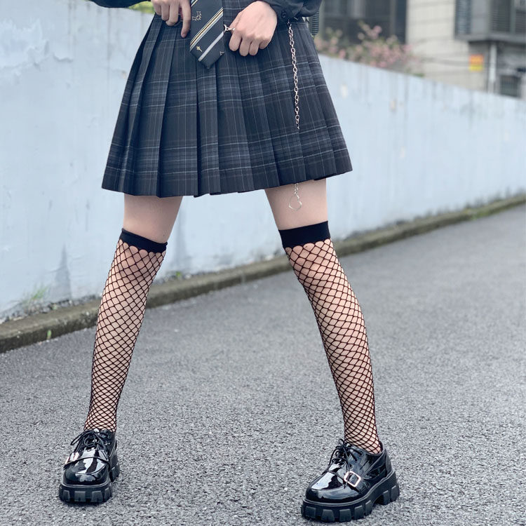 夏季日系jk制服不良少女暗黑网格渔网袜高筒长筒袜