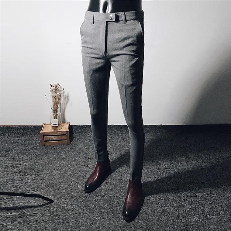 香港2022春夏灰色弹力商务小西裤中腰男修身坠感英伦裤子休闲免烫