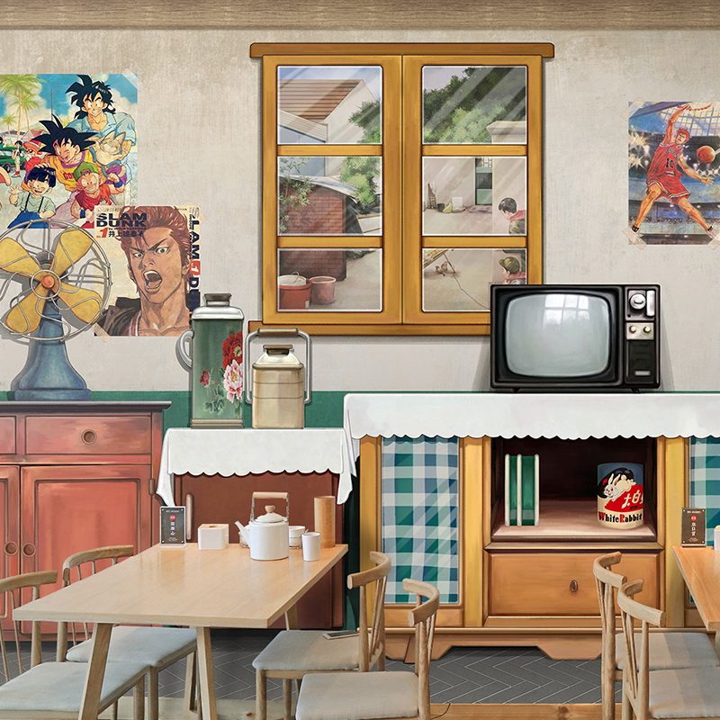 手绘怀旧80年代客厅背景背景墙墙纸缝纫机冰箱复古无纺布墙纸