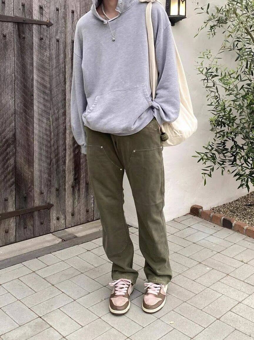 vujade004新款vibe微喇直筒宽松军绿做旧工装长裤休闲裤