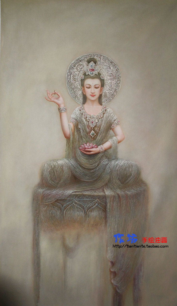 手绘敦煌油画印象飞天白衣观音古典玄关灰端油画