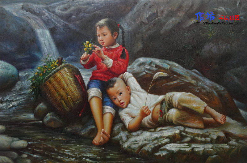 手绘油画风情姐弟相爱爱依偎农村李自健怀旧订制油画