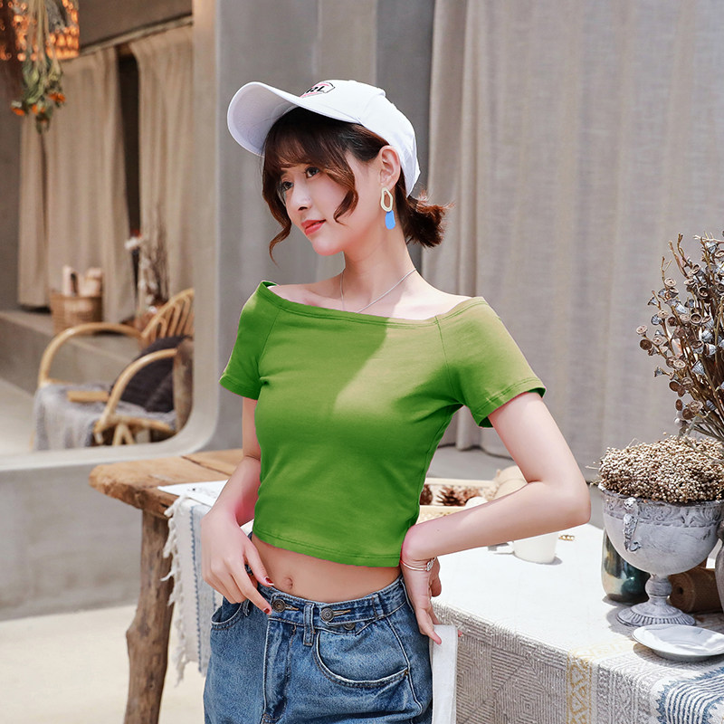 hanlady纯棉一字领插肩袖超短平肩上衣小个子显高t恤