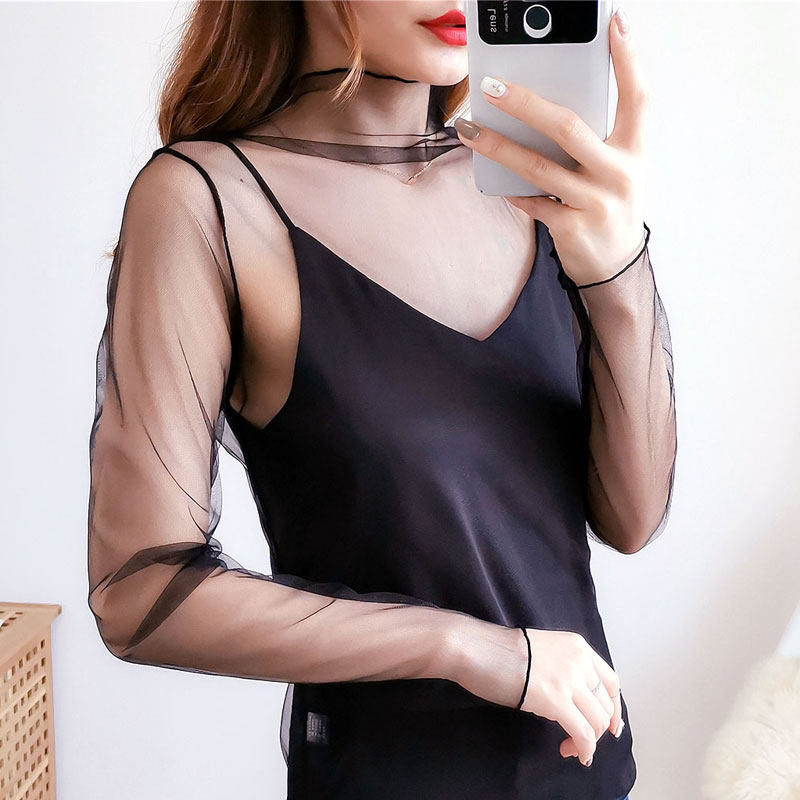 很仙的内搭透明黑色长袖上衣女透视网纱打底衫薄纱超仙时尚仙气秋