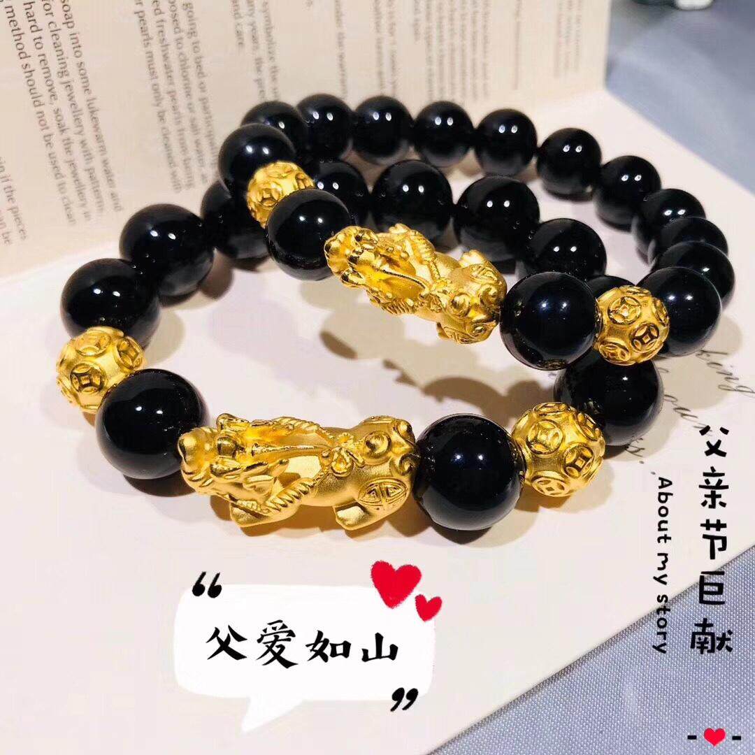 足金3d硬金貔貅转运金钱珠手串男士曜石手链手饰