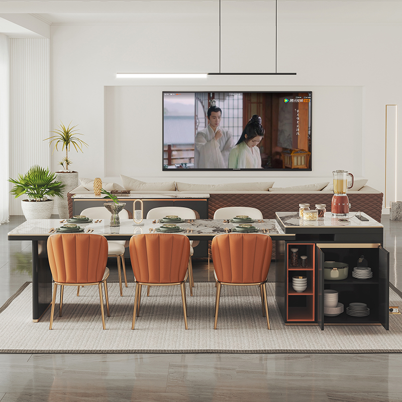 岛台餐桌一体可伸缩现代家用餐桌椅组合开放式岩板岛台餐桌