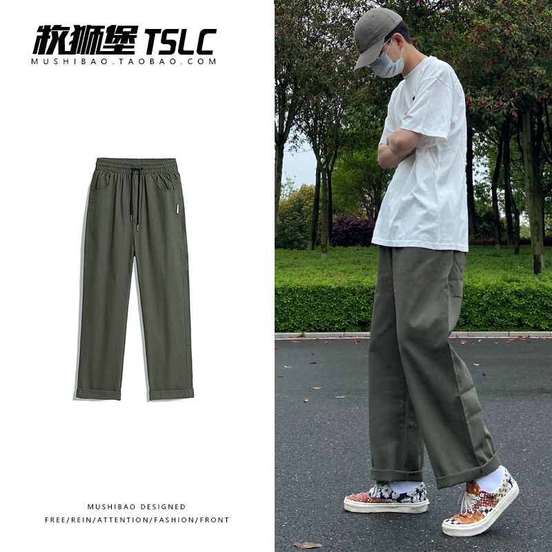 军绿色工装裤男美式直筒宽松余文乐ulzzang潮牌ins阔腿垂感休闲裤