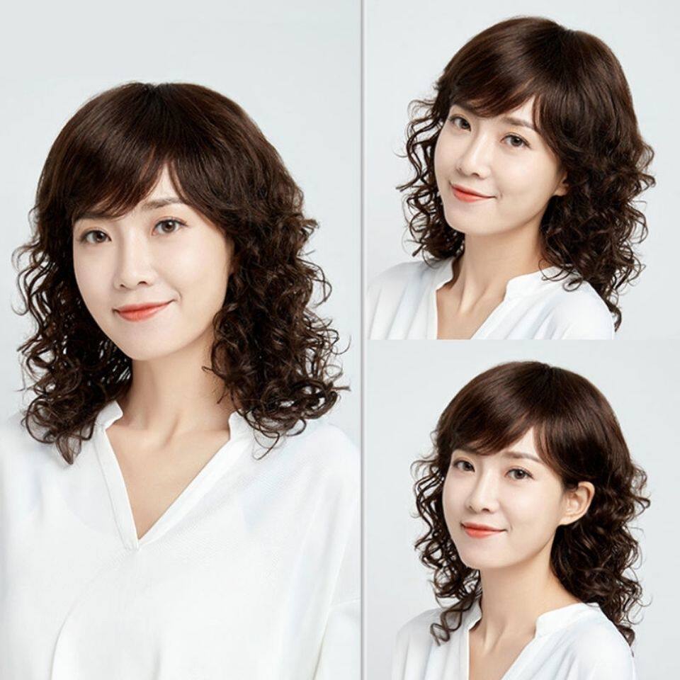 时尚女士假发长卷发斜刘海大波浪逼真圆脸中年妈妈中长发整顶发套