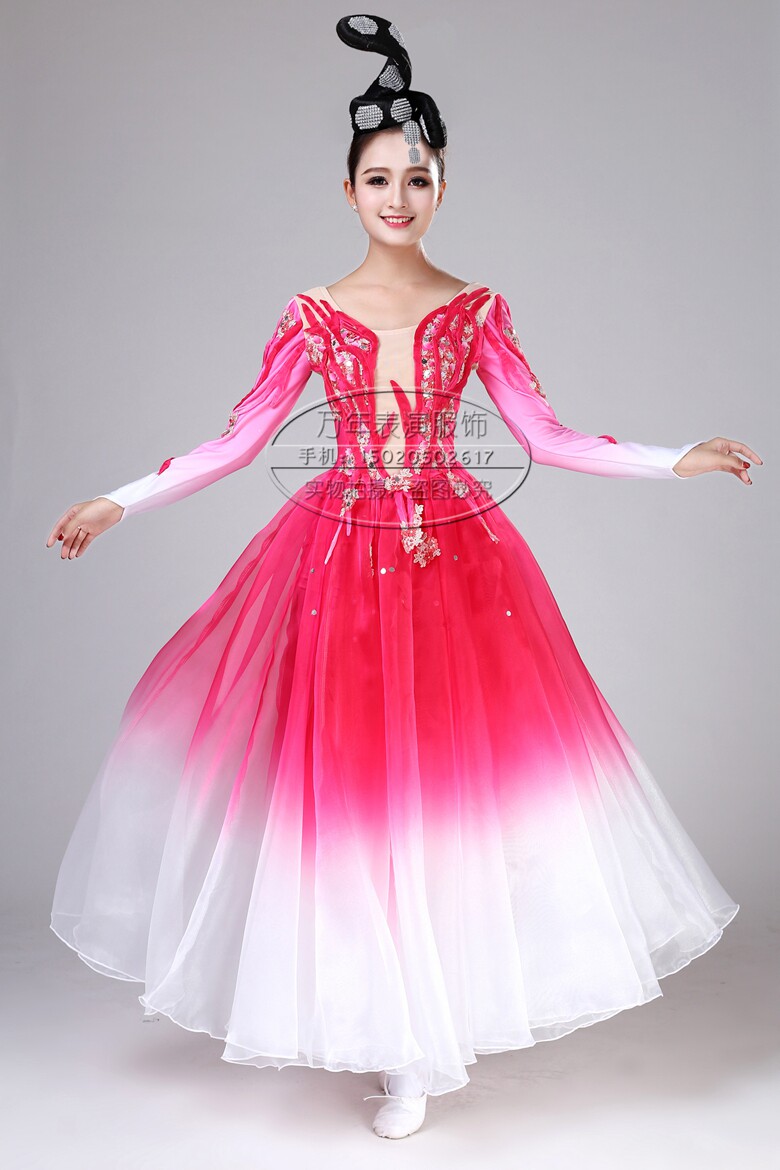 2017央视春晚同款清风舞蹈表演服玫红渐变色民族服装