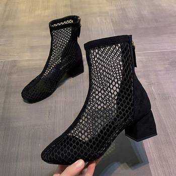 Mesh Hollow Boots Women's 2024 New Summer Breathable Net Red Slim Boots Ankle Boots Black Thick Heel Short Boots Sandals