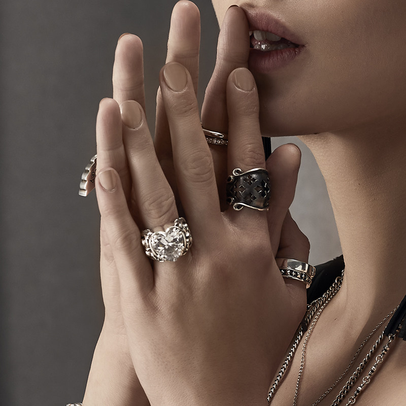 kingbaby经典心形水晶戒指摇滚嘻哈时尚潮流ins戒指