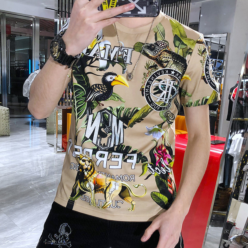 欧洲站2022夏季男士潮牌T修身重工艺印花烫钻丝光棉大花短袖t恤潮