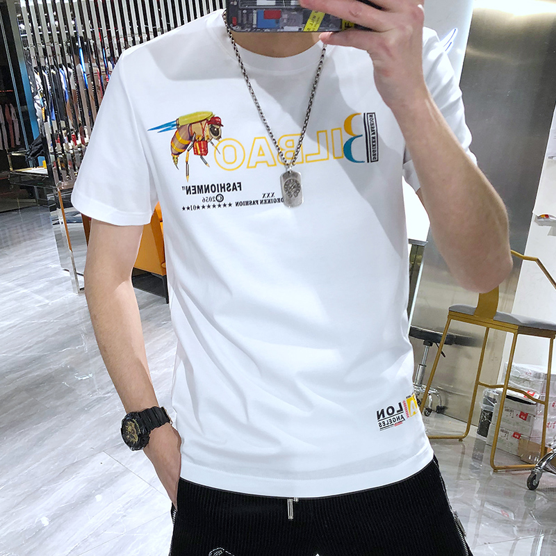 欧洲站2022夏季新款网红潮牌T修身小蜜蜂刺绣印花丝光棉短袖t恤男