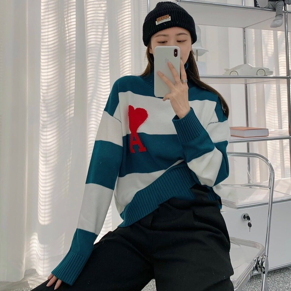 ami 上衣 21ss巴黎圣诞限定条纹爱心a刺绣高领毛衣针织衫 男女同款