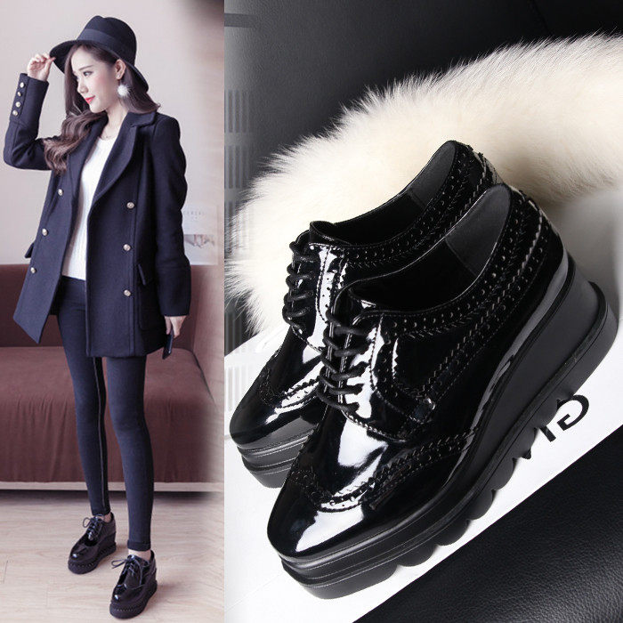 黑色漆皮松糕鞋女厚底英伦增高百搭小皮鞋布洛克女鞋学院风牛津鞋