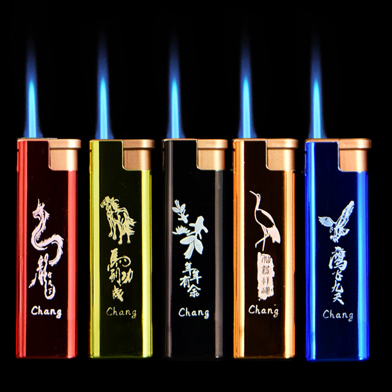 直冲电镀铁壳防风个性男士点烟打火机蓝火火焰充气打火机